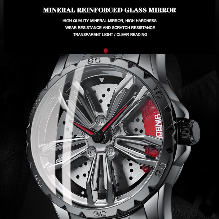 BINBOND D001 3D Hollow Motorcycle Rotating Wheel Watch, Color: Black Steel-Red - British D'sire