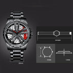 BINBOND D001 3D Hollow Motorcycle Rotating Wheel Watch, Color: Black Steel-Red - British D'sire