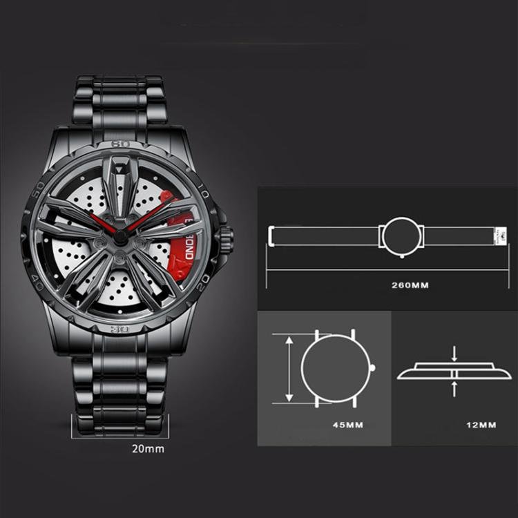BINBOND D001 3D Hollow Motorcycle Rotating Wheel Watch, Color: Black Steel-Red - British D'sire