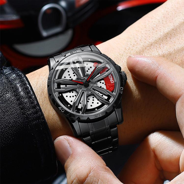BINBOND D001 3D Hollow Motorcycle Rotating Wheel Watch, Color: Black Steel-Red - British D'sire