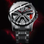 BINBOND D001 3D Hollow Motorcycle Rotating Wheel Watch, Color: Black Steel-Red - British D'sire