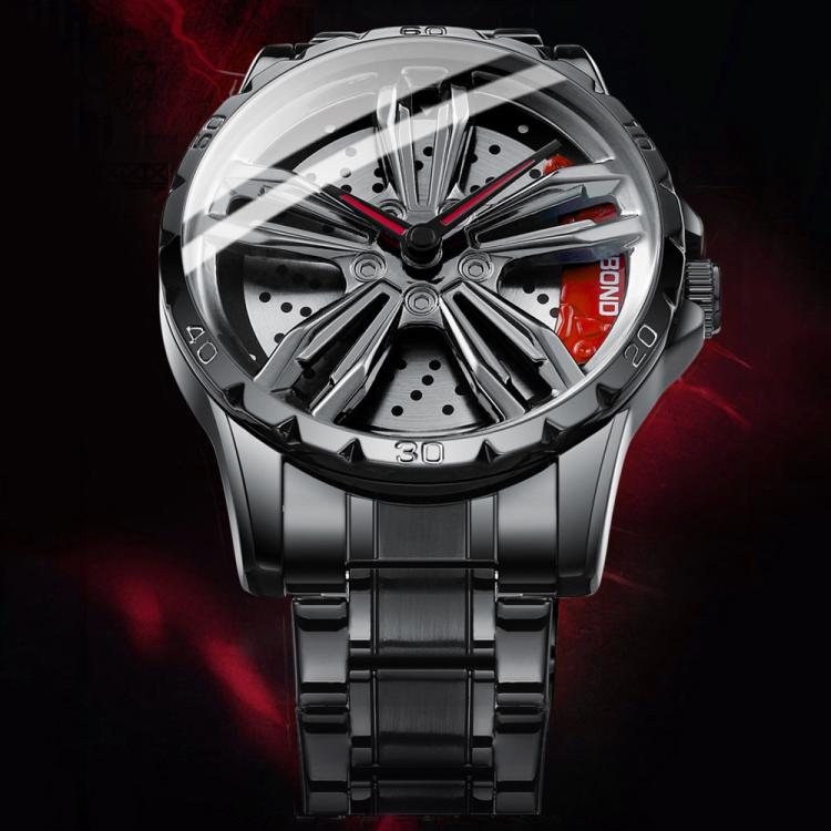 BINBOND D001 3D Hollow Motorcycle Rotating Wheel Watch, Color: Black Steel-Red - British D'sire