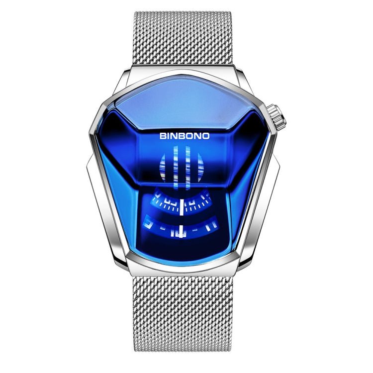 BINBOND Locomotive Concept Watch Men Live Black Technology Watch(White Net Belt-White Steel-Blue Face) - British D'sire Main image