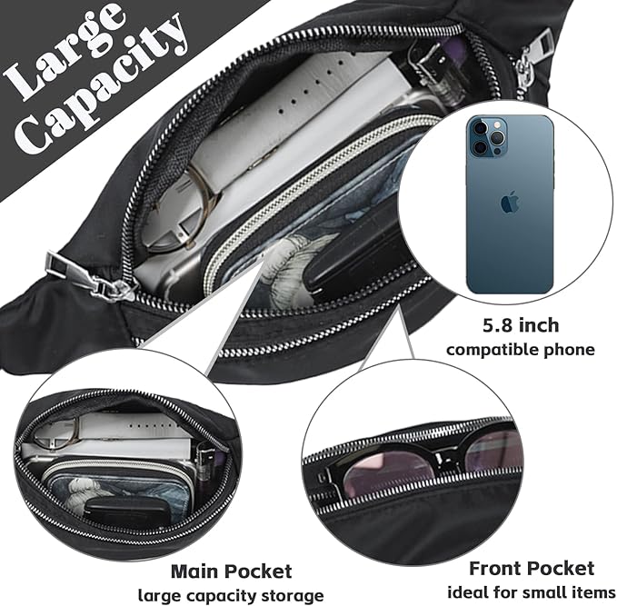 Black Bum Bag Fashion Waist Pack Bumbag for Women Men Lightweight Fanny Pack with 2 Zip Pockets & Adjustable Strap, Large Waist Bag for Dog Walking Running Hiking Jogging Secondary image