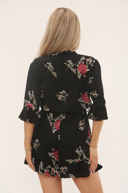 Black Floral Belted Playsuit – Ruffle Hem - Jumpsuit - British D'sire