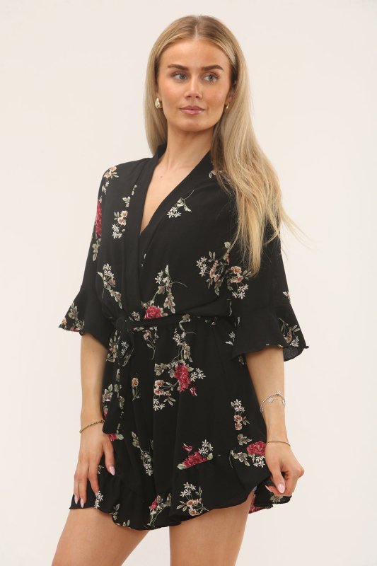 Black Floral Belted Playsuit – Ruffle Hem - Jumpsuit - British D'sire