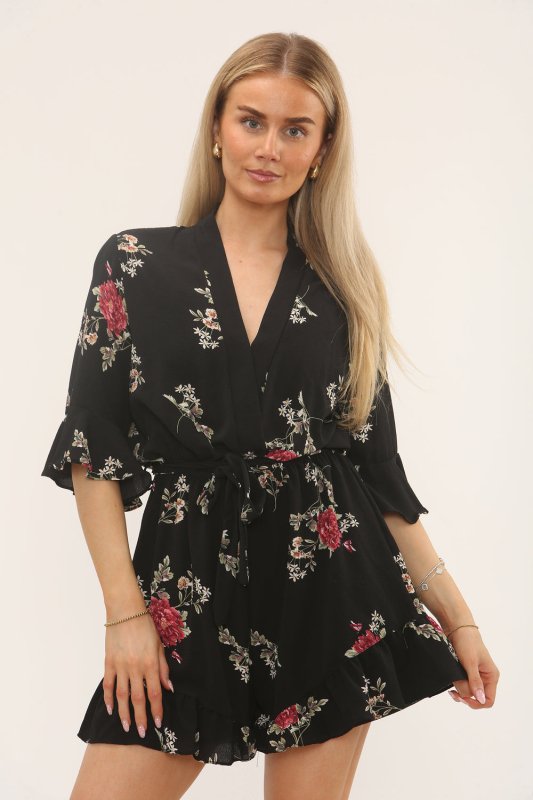 Black Floral Belted Playsuit – Ruffle Hem - Jumpsuit - British D'sire Main image