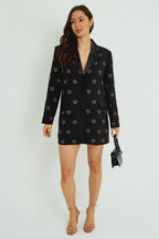 Black Heart Sequin Blazer Dress – Zip Front Structured Mini - Blazer - British D'sire