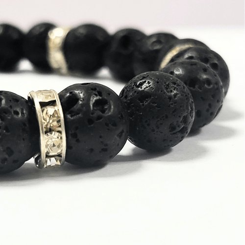 Black Lava 10mm Bracelet with Silver Spacers - British D'sire