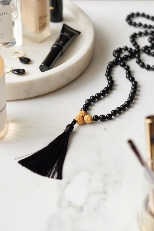 Black Obsidian 108 Mala Bead Prayer Necklace with Tassel - Necklaces - British D'sire