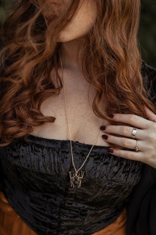 Black Obsidian Hand Wrapped Halloween Spider Necklace - Necklaces - British D'sire