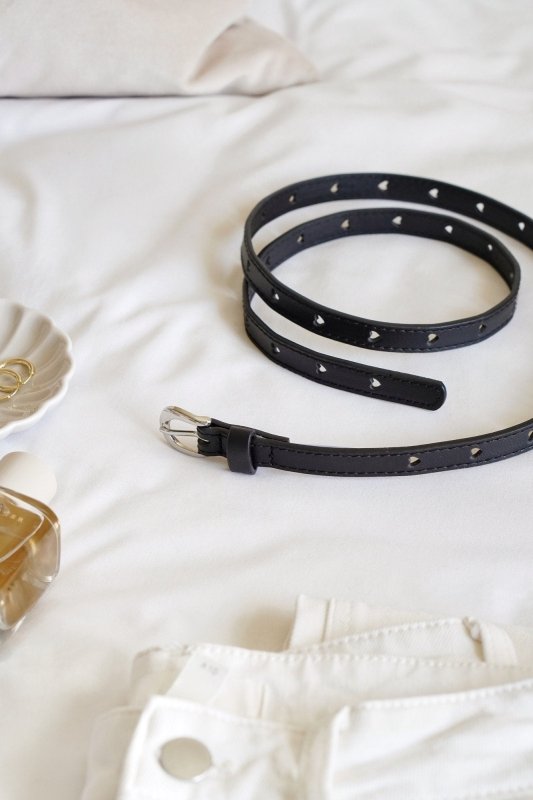 Black PU Skinny Belt with Heart Holes - Belts - British D'sire Main image