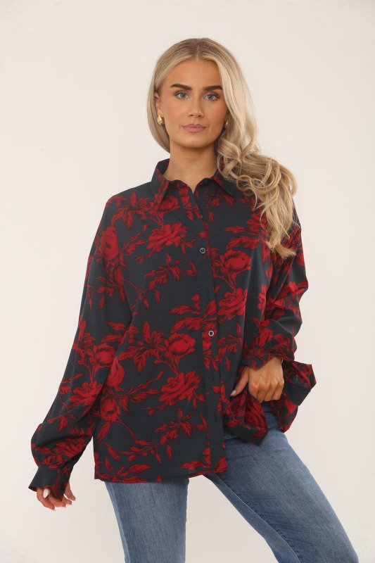 Black & Red Floral Print Oversized Blouse – Long Sleeve Button - Up - Top - British D'sire Main image