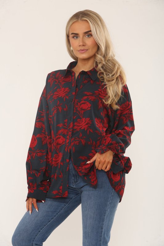 Black & Red Floral Print Oversized Blouse – Long Sleeve Button-Up Secondary image