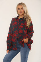 Black & Red Floral Print Oversized Blouse – Long Sleeve Button - Up - Top - British D'sire