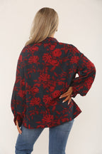 Black & Red Floral Print Oversized Blouse – Long Sleeve Button - Up - Top - British D'sire