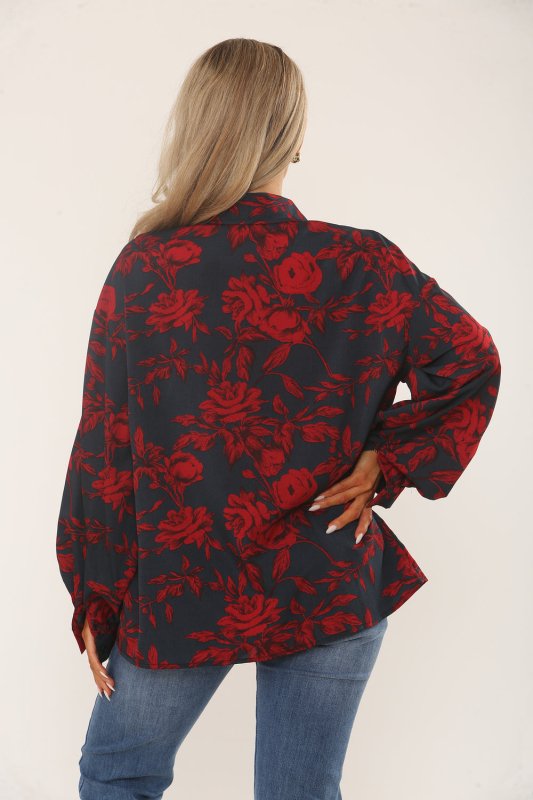 Black & Red Floral Print Oversized Blouse – Long Sleeve Button - Up - Top - British D'sire