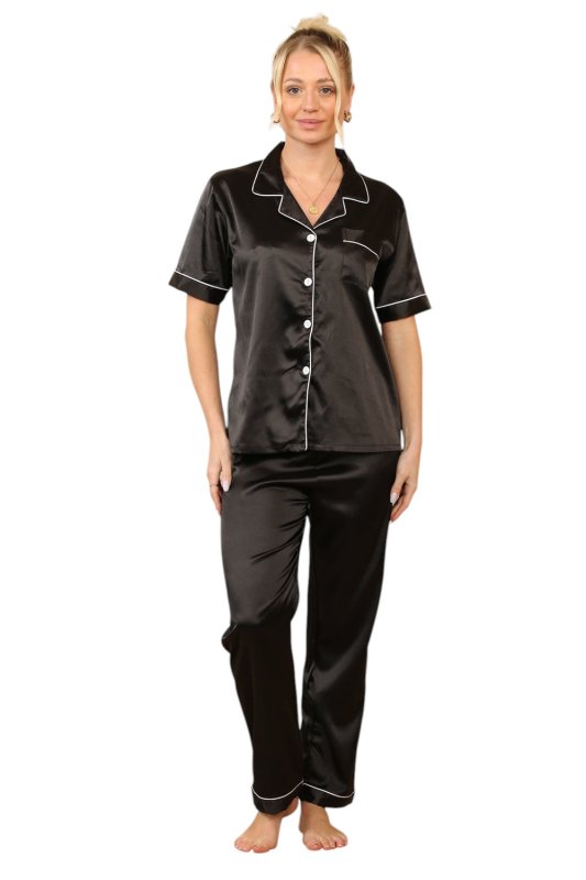 Black satin Pj set with Pockets - Loungewear - British D'sire Main image
