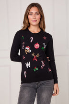 Black Sequin “NOEL” Christmas Jumper – Festive Embellished Knit - Jumper - British D'sire