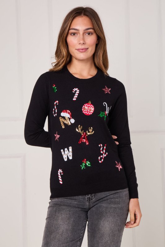 Black Sequin “NOEL” Christmas Jumper – Festive Embellished Knit - Jumper - British D'sire