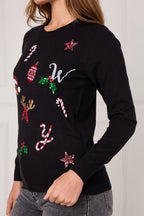 Black Sequin “NOEL” Christmas Jumper – Festive Embellished Knit - Jumper - British D'sire