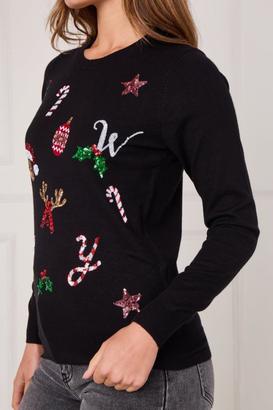 Black Sequin “NOEL” Christmas Jumper – Festive Embellished Knit - Jumper - British D'sire