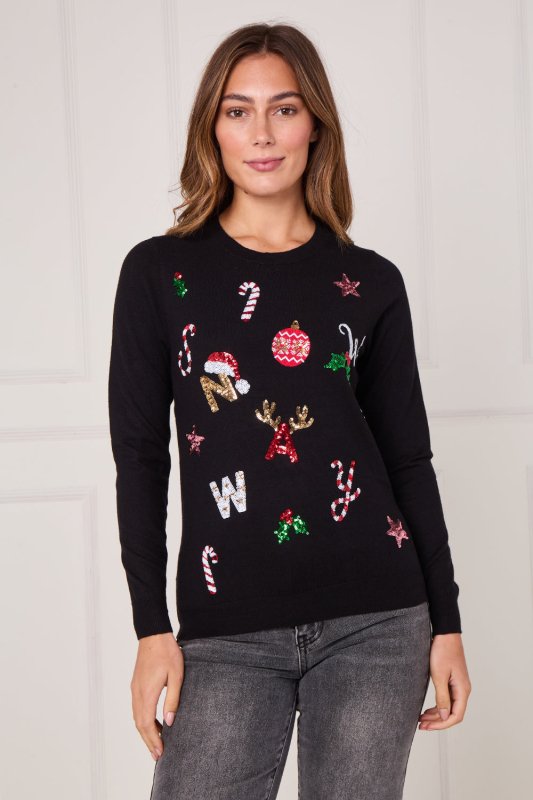 Black Sequin “NOEL” Christmas Jumper – Festive Embellished Knit - Jumper - British D'sire
