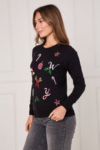 Black Sequin “NOEL” Christmas Jumper – Festive Embellished Knit - Jumper - British D'sire