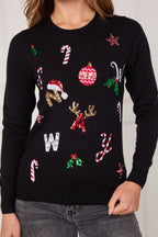 Black Sequin “NOEL” Christmas Jumper – Festive Embellished Knit - Jumper - British D'sire