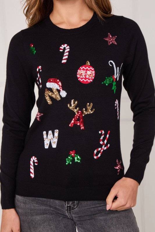 Black Sequin “NOEL” Christmas Jumper – Festive Embellished Knit - Jumper - British D'sire