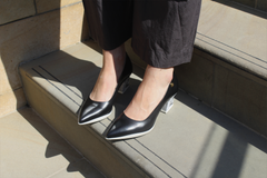 Lu Lu - Black leather with newsprint pointed low heel