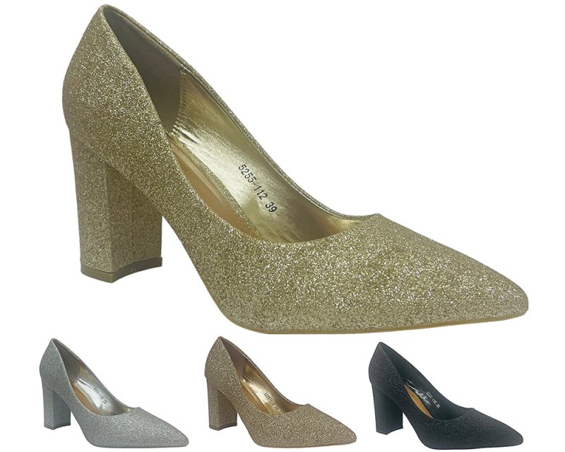 Block Heel Glitter Court Shoes - Court Shoes - British D'sire Main image