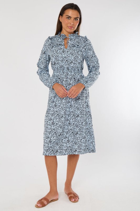 Blue Animal Printed Midi Dress – Long Sleeve - Dresses - British D'sire