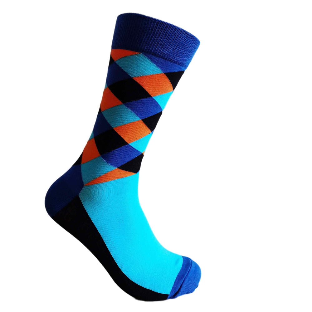 Blue and orange socks on white background Main image