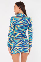 Blue Swirl Print Ruched Shirt Dress – Long Sleeve Button Front - Dresses - British D'sire