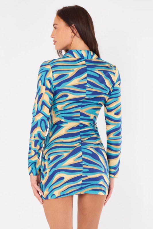Blue Swirl Print Ruched Shirt Dress – Long Sleeve Button Front - Dresses - British D'sire