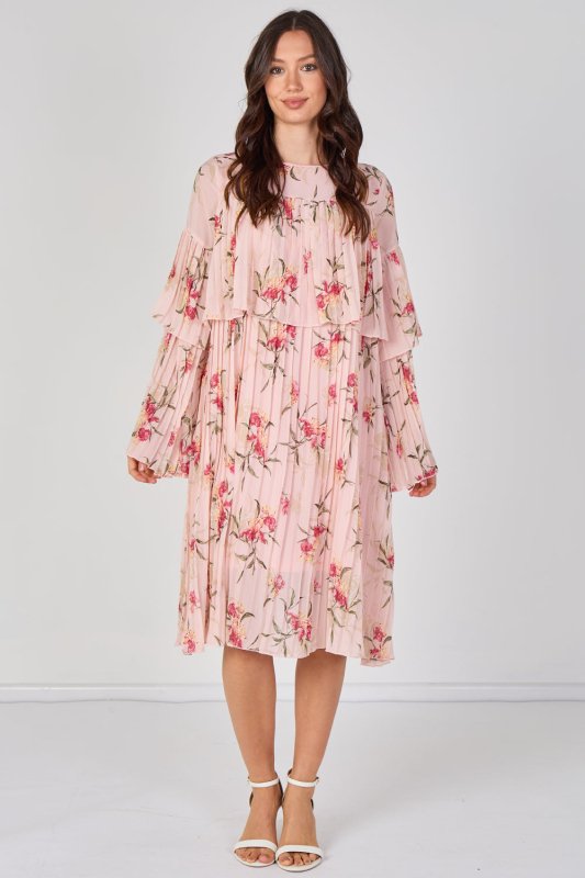 Blush Pink Floral Pleated Smock Dress - Dresses - British D'sire
