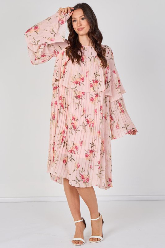 Blush Pink Floral Pleated Smock Dress - Dresses - British D'sire