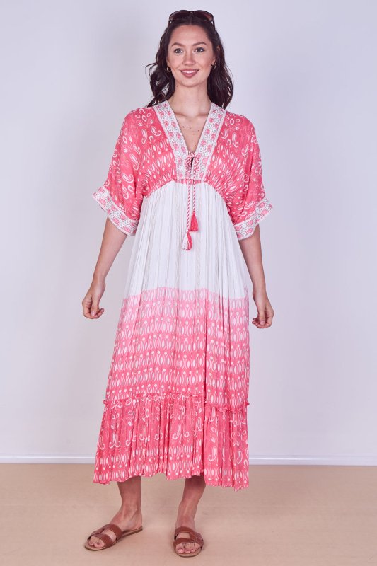 Boho Embroidered Maxi Dress with Tassel Tie – One Size (UK 8–14) - Dresses - British D'sire