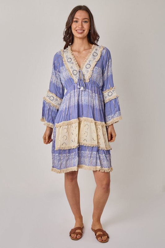 Boho Fringe Detail Viscose Dress – Lightweight Tiered Mini Dress - Dresses - British D'sire