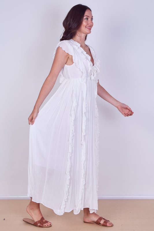 Boho Ruffle Detail Maxi Dress with Tie Neck – One Size (UK 8–14) - Dresses - British D'sire