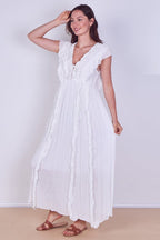 Boho Ruffle Detail Maxi Dress with Tie Neck – One Size (UK 8–14) - Dresses - British D'sire