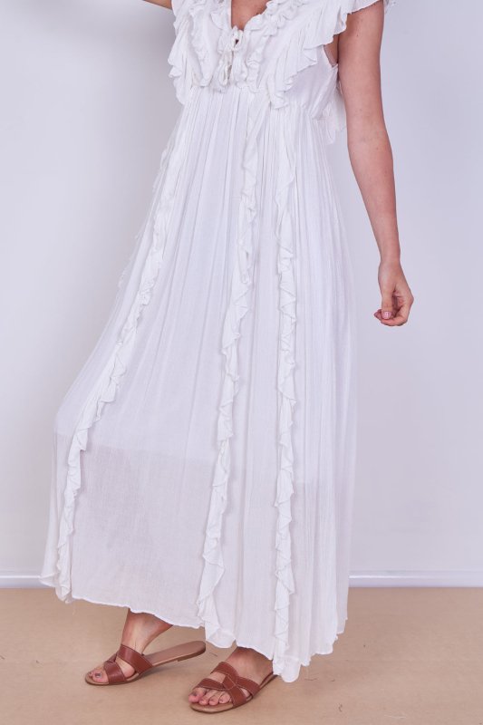 Boho Ruffle Detail Maxi Dress with Tie Neck – One Size (UK 8–14) - Dresses - British D'sire