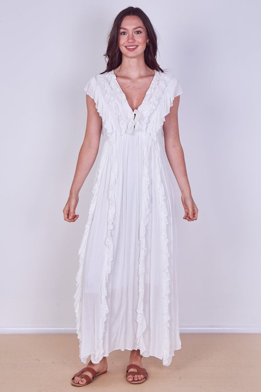 Boho Ruffle Detail Maxi Dress with Tie Neck – One Size (UK 8–14) - Dresses - British D'sire