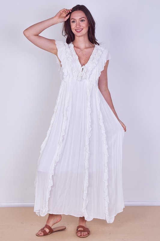Boho Ruffle Detail Maxi Dress with Tie Neck – One Size (UK 8–14) - Dresses - British D'sire