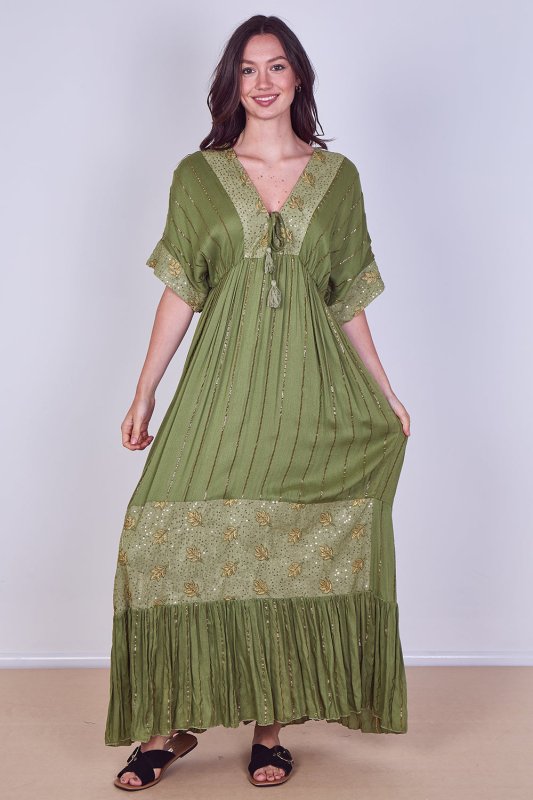 Boho Sequin leaf Embroidered Maxi Dress - Dresses - British D'sire