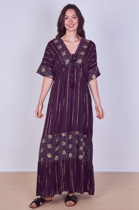 Boho Sequin leaf Embroidered Maxi Dress - Dresses - British D'sire Main image