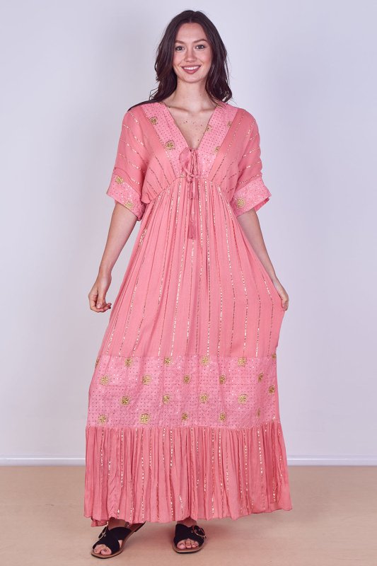 Boho Sequin Square Embroidered Maxi Dress - Dresses - British D'sire