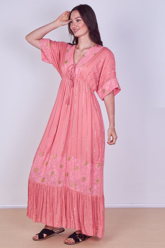Boho Sequin Square Embroidered Maxi Dress - Dresses - British D'sire