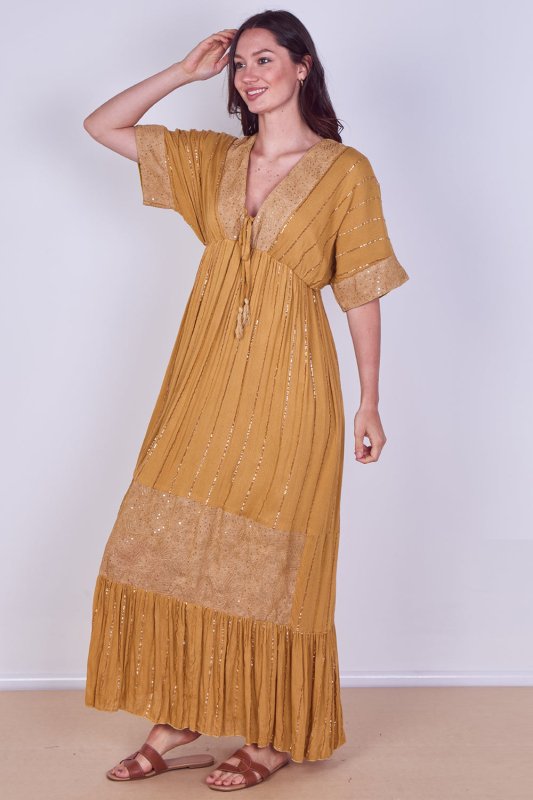 Boho Sequin Swirl Embroidered Maxi Dress - Dresses - British D'sire